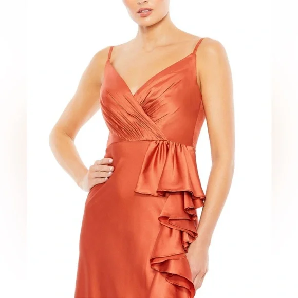MAC DUGGAL V-Neck Spaghetti Strap Ruffled Satin Gown In Spice Color - Reemoly